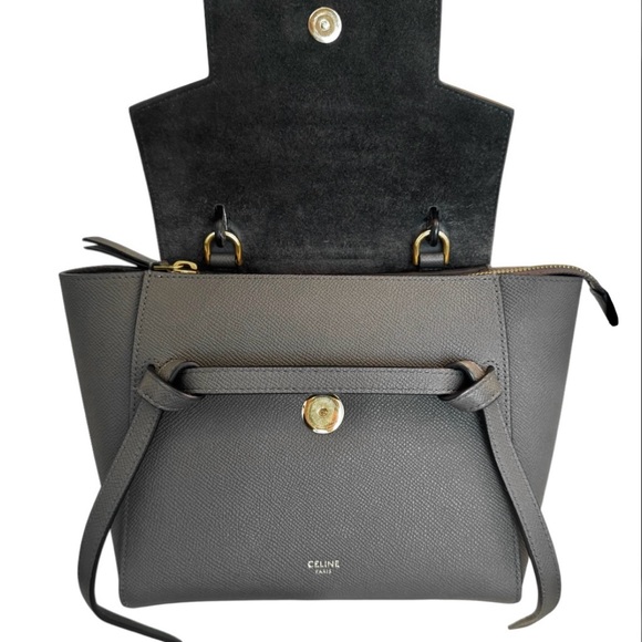 CELINE NANO BELT BAG Grained Calfskin Gray Antique Gold-Tone Metal Crossbody Bag - Picture 5 of 16